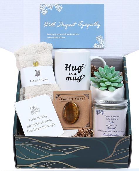 Bereavement Grief Grieving Gifts,Condolence Gifts Box 💖Package Included: (1) Cozy Mug (2) Set of 8 Grief Affirmation Cards (3)Wood Card Display Block(4)Card Cloth Bag(5) Tiger Eye Comfort Stone (6) Artificial Succulent (7) Cream Fuzzy Socks (8) Soy Candle (9) Blue Sympathy Card Condolence Gifts, Sympathy Basket, Sympathy Gift Baskets, Loss Of Mother, Condolence Gift, Gifts Box, Deepest Sympathy, Wood Card, Sorry For Your Loss