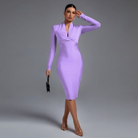 It elongates the neck and frames the décolletage, creating a visually appealing and flattering effect. The V-neck design is both classic and versatile, suitable for various occasions, from formal events to dinner parties. Elegant Knee Length Dresses, Summer Club Outfits, Stylish Drapes, Blue Bandage Dress, Party Dress Summer, Long Sleeve Bandage Dress, Elegant Midi Dress, Summer Club, Bandage Dress Bodycon