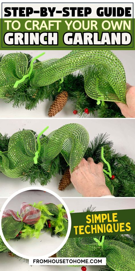 Step-by-step guide to craft your own Grinch garland with simple techniques Deco Mesh Garland Diy, Grinch Garland, Christmas Pictures With Lights, Christmas Lights Diy, Diy Grinch, Diy Christmas Home Decor, Xmas Decor Ideas, Mesh Garland, Deco Mesh Garland