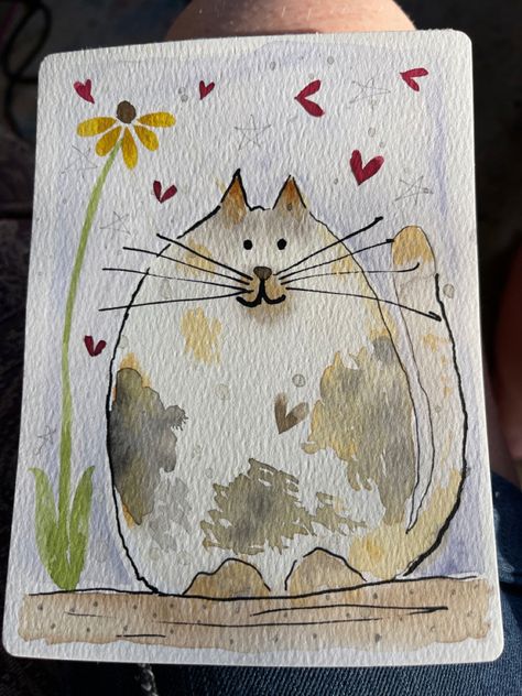 Funny Watercolor Paintings, Cat Art Whimsical, Watercolor Ideas For Kids, Watercolor Cat Easy, Watercolour For Kids, Whimsical Watercolor Art, Easy Watercolor Cards Ideas, Watercolor Journal Ideas, Water Colors For Beginners