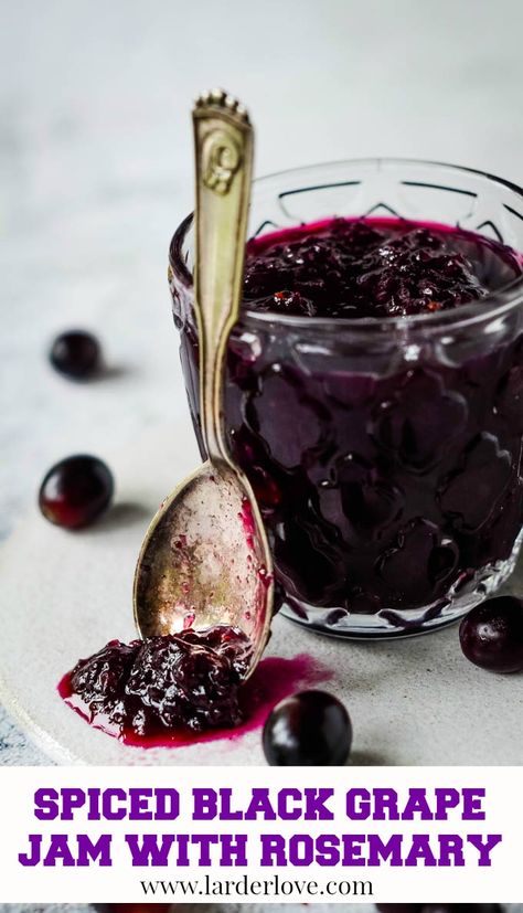 Super easy recipe for black grape jam. perfect on toast with a cheeseboard and as a cooking glaze for roasts too #grapejam #blackgrapejam #easyjamrecipes #jammaking #preserving #larderlove Spiced Christmas Jam, Grape Jam Recipe, Easy Jam Recipe, Wine Jelly, Super Easy Desserts, Christmas Jam, Grape Jam, Jam Recipes Homemade, Canning Jam