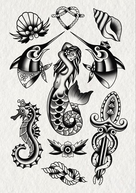 American Traditional Seahorse Tattoo, American Traditional Ocean Theme Tattoo, Old School Sea Tattoo, Ocean Flash Tattoo, Japanese Traditional Flash, American Traditional Nautical Tattoo, Old School Mermaid Tattoo, American Traditional Nautical, Traditional Sea Tattoo