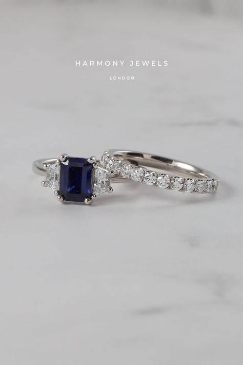 Royal Blue Sapphire Diamond Ring, Tri Stone Ring, Flower Fairy Lights, Trilogy Engagement Ring, Blue Engagement Ring, Sapphire Wedding Band, Girls Stuff, Jewelry Board, Engagement Ring Diamond