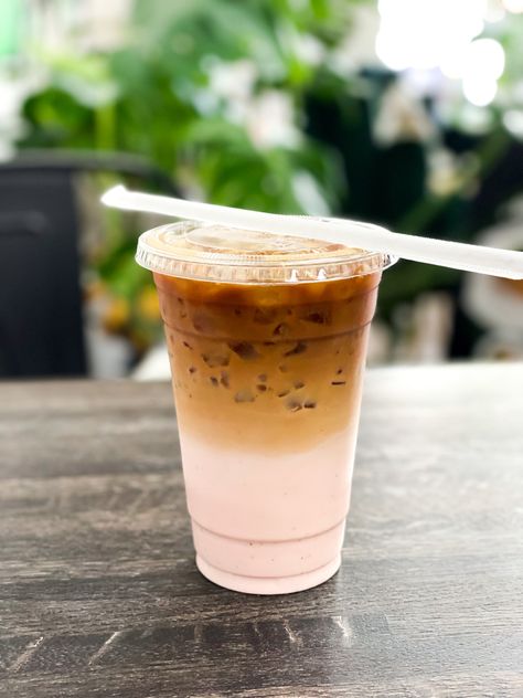 Strawberry Shortcake flavored iced coffee / Orlando Coffee / Qreate / Coffee / Cafe / Café / Iced Pretty Iced Coffee, Strawberry Ice Coffee, Iced Coffee Takeaway, Strawberry Iced Coffee, Strawberry Coffee, Coffee Shop Menu, Strawberry Summer, Vietnamese Coffee, Flavor Ice