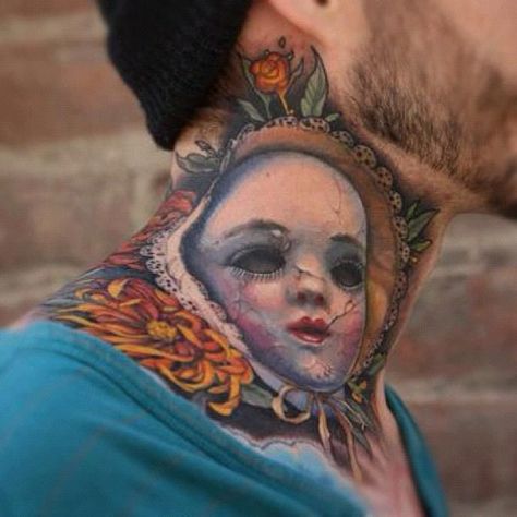 Doll Head Tattoo, Doll Face Tattoo, Jeff Gogue, Doll Tattoo, Head Tattoo, Inked Magazine, Knee Tattoo, Head Tattoos, Free Tattoo