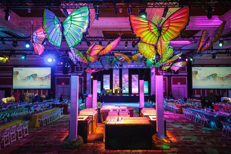 butterflies-vegas Tomorrowland Party, Carving Station, Tomorrow Land, Colorful Lighting, Neon Jungle, Corporate Events Decoration, Corporate Event Design, Gala Ideas, Las Vegas Photos