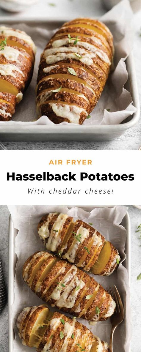 Crispy on the outside and filled with yummy melted cheese, these air fryer hasselback potatoes will become your new favorite side dish! Cheap 30 Minute Meals, Air Fryer Hasselback Potatoes, Potatoes Air Fryer, Air Fryer Potatoes, Seasoned Sour Cream, Cheddar Recipes, Cashew Chicken Recipe, Hasselback Potatoes, Sous Vide Recipes