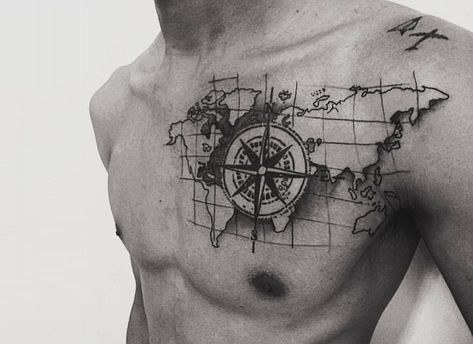 Map Chest Tattoo, Sextant Tattoo, Tattoo Amigas, Nautical Compass Tattoo, Compass And Map Tattoo, Compass Tattoos, World Map Tattoos, Globe Tattoos, Map Tattoo