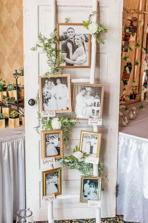 Wedding Old Photos Display, Peg Board Wedding Ideas, Wedding Family Photo Display, Bride And Groom Photo Display At Wedding, Hanging Photo Display Wedding, Picture Ladder Wedding, Generations Wedding Photo Display, Rustic Photo Booth Ideas, Wedding Reception Photo Display