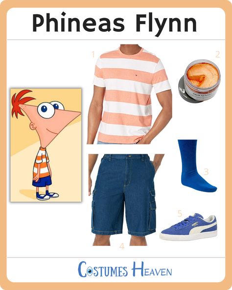 Try out the Phineas Flynn costume to keep the Phineas and Ferb theme going for Halloween. Follow our guide to become this creative triangle-headed boy genius easily. #PhineasFlynn #PhineasandFerb #cosplay #halloweencostume #costumesheaven Disney Men Costumes, Phineas And Ferb Trunk Or Treat, Finneas And Ferb Costume, Phineas Y Ferb Disfraz, Phineas And Ferb Cosplay, Flynn Costume, Phineas And Ferb Costume, Phineas Flynn, Disney Cosplay Costumes