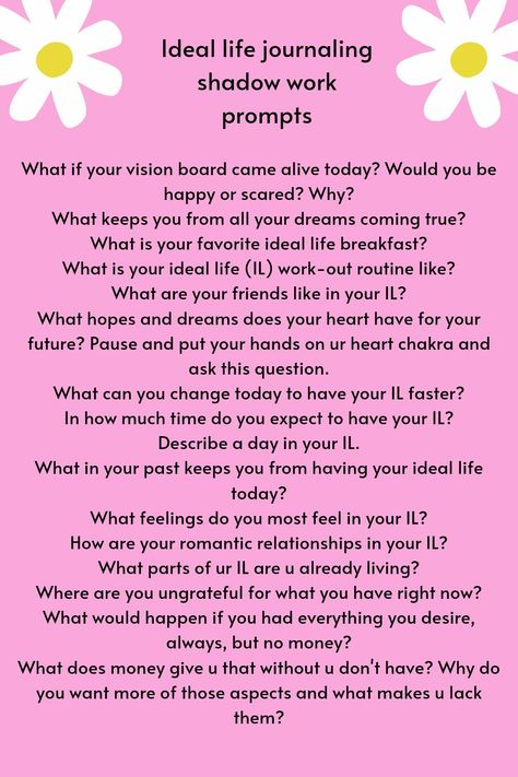 Ideal life ideal money shadow work journal prompts vision for the future visualizing writing law of attraction subconscious Birthday Journal Prompts, 33 Birthday, Spiritual Awakening Higher Consciousness, Spiritual Questions, Healing Journal, Friends Journal, Monthly Journal, Spiritual Awakening Quotes, Journal Questions