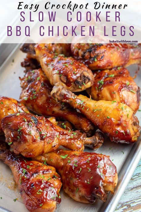 These indulgent slow cooker chicken drumsticks are slathered in a delicious BBQ sauce and they are practically effortless to make! So, toss some drumsticks in your crockpot and enjoy an incredibly easy BBQ chicken dinner! BakeItWithLove.com #bakeitwithlove #slowcooker #crockpot #chickendrumsticks #chicken Bbq Chicken Legs Crockpot, Slow Cooker Chicken Drumsticks, Crockpot Chicken Leg Recipes, Bbq Chicken Dinner, Hot Wing Recipe, Bbq Chicken Legs, Easy Bbq Chicken, Slow Cooker Bbq Chicken, Bbq Chicken Crockpot