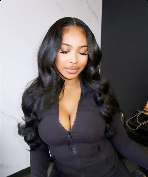 Free Part Sew In, Bday Hairstyles Ideas For Black Women, Middle Part Black Wig, Long Quick Weave, Middle Part Hairstyles For Black Women, Prom Wig Hairstyles, Baddie Hairstyles Black Women, Quickweave Hairstyles For Black Women, Middle Part Quick Weave