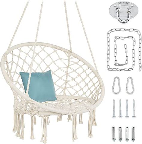 Best Choice Products Macramé Hanging Chair, Handwoven Cotton Hammock Swing for Indoor & Outdoor Use w/Mounting Hardware, Backrest, 265lb Capacity - Beige Hanging Chair In Bedroom Adult, Hanging Chair In Bedroom White, Makrame Hammock, Cute Boho Hanging Chair, Hammock For Bedroom Teen Rooms, Hammocks For Bedrooms, Hanging Chairs For Bedrooms, Macrame Hammock Chair, Macrame Hanging Chair