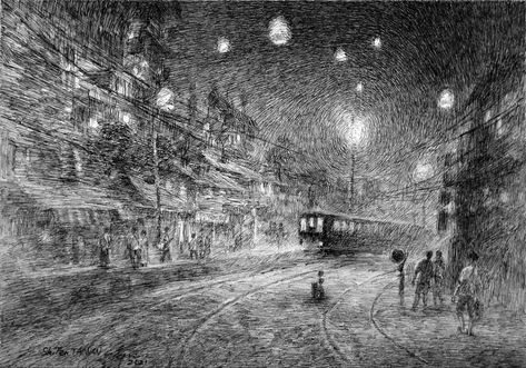 Taiwan regional train approaching Shifen station in a dreamy night, the sky lantern is a famous activity here. Pen and ink A3. Night Sky Sketch, Train Station Drawing, Sky Lantern, Dreamy Night, Steampunk Animals, Pyramids Egypt, Sky Lanterns, City Drawing, Magic Realism