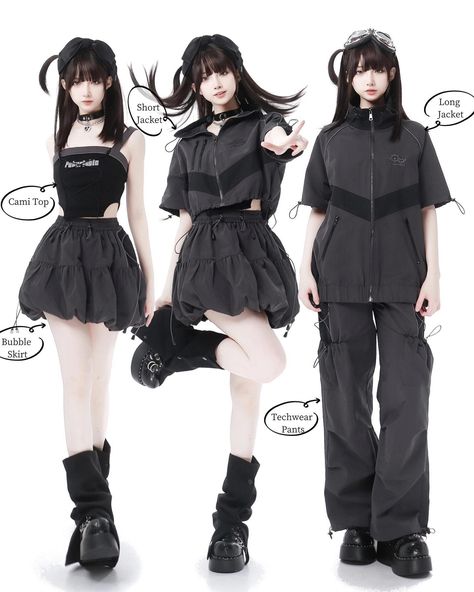 🤩🤩Techwear vibes fashion outfits: bubble skirt, cami top, short/ long jacket and techwear pants. 🛒👉Search 'AEP-S-1694' on devilinspired.com #devilinspired #techwearfashion #futuristicfashion #kawaii #kawaiifashion #ootd Black Techwear, Techwear Pants, Tech Wear Fashion, Steampunk Fashion Male, Gothic Skirts, Bubble Skirt, Futuristic Fashion, The Bubble, Long Jacket