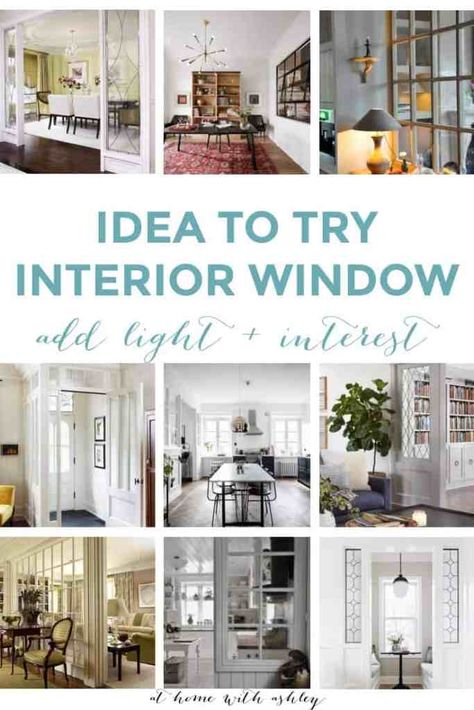 idea to try- interior window. This architectural feature brings in light and style. Similar to how a transom window works over doors. It's a great way to incorporate vintage glass, leaded, or stained glass. It's a great alternative to an open concept floor plan while still having bright rooms and seperate spaces Transom Windows Interior, Transom Window Treatments, Transom Window, Interior Window, Living Room Divider, Window Inserts, Hall And Living Room, Diy Home Accessories, Dining Room Cozy