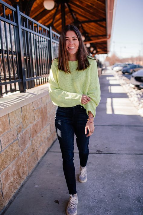 Easy Sweaters to Wear Into Spring — Hello Adams Family Neon Sweater Outfit, Neon Sweater, Dolman Sweater, Adams Family, Pointelle Sweater, American Jeans, Sweater Outfit, Spring Sweater, Cable Sweater