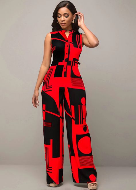 ROTITA Geometric Print Red Side Pocket Jumpsuit | Rotita.com - USD $39.87 Red Jumpsuits Outfit, English Gowns, Ankara Jumpsuit Styles, Classy Jumpsuit Outfits, Royal Family Fashion, Modesty Dress, Fancy Jumpsuit, Ankara Jumpsuit, Jump Suits