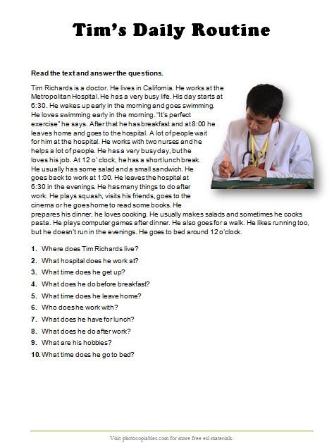 Answering the questions according to the text on daily routine. It's a nice worksheet to revise present simple in context. The answer key is included. My Daily Routine Essay, Descriptive Text Worksheet, Reading Comprehension Texts, Presente Simple, Descriptive Text, Reading Comprehension Lessons, English Exam, English Exercises, Reading Comprehension Activities