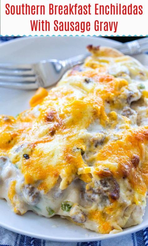 Southern Breakfast Enchiladas with Sausage Gravy Sausage Enchiladas, Spicy Southern Kitchen, Southern Breakfast, Breakfast Enchiladas, Southern Kitchen, Tater Tots, Sausage Gravy, Breakfast Recipes Casserole, Breakfast Brunch Recipes