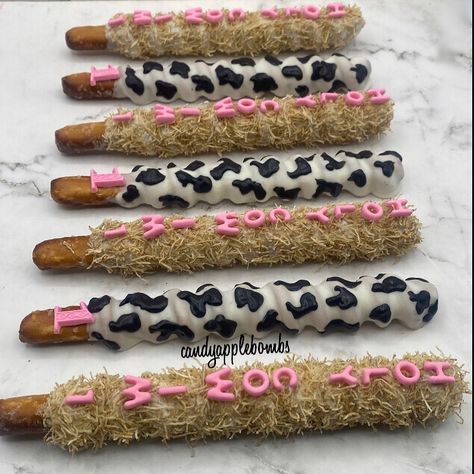 Lynette |🍏Candy Apple Bombs 🍏 | 🖤💗🐮Holy Cow I’m 1 Theme🐮💗🖤 • • • Any theme, any color scheme, we got you!! Please book your treat table orders in… | Instagram Dipped Pretzel Rods, Treat Table, Dipped Oreos, Covered Pretzels, Chocolate Covered Pretzels, Holy Cow, Birthday Treats, Candy Apple, Foodie Food