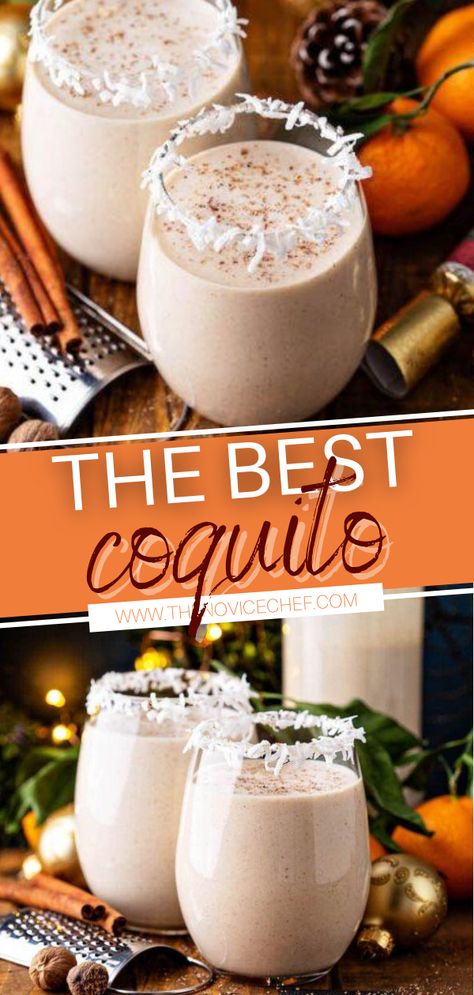 Extra thick and creamy coconut eggnog recipe loaded with coconut, rum, and cinnamon! This easy coquito recipe is a Puerto Rican version of eggnog. It is the perfect addition to your Christmas food list! Make this easy Christmas menu for a crowd! Puerto Rican Rum Drinks, Coconut Milk Eggnog Recipe, Puerto Rican Egg Nog, Eggnog Old Fashioned Cocktail, Puerto Rican Coquito Recipe Bacardi, Puerto Rican Christmas Drink, Coquito Recipe With Eggs, Coquito Recipe Puerto Rican Authentic No Egg, Chocolate Coquito Puerto Rican