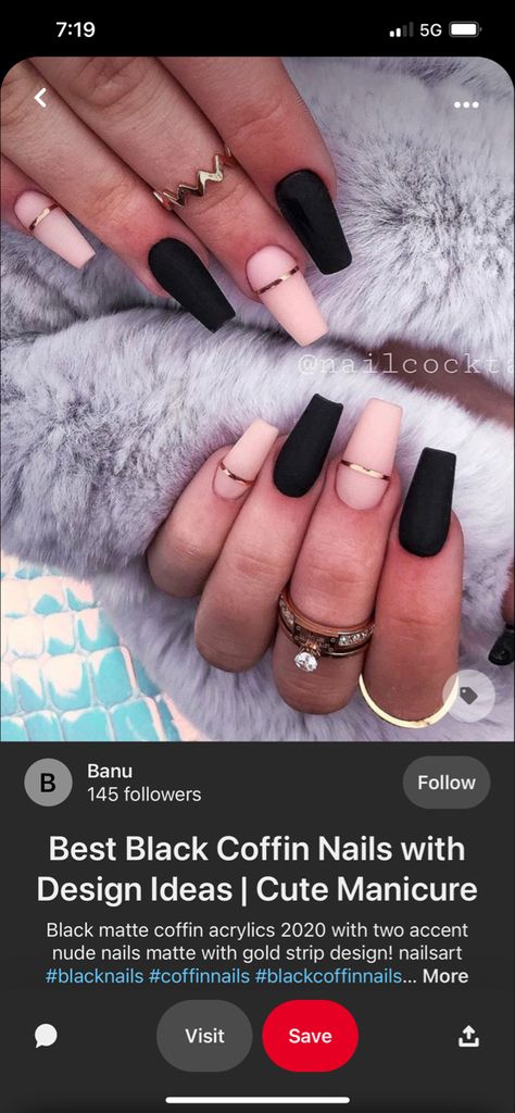 Gray And Black Nails Acrylic, Black Tan Nails, Black Acrylic Nails Coffin Short, Matte Black Nails With Design, Black Bridesmaid Nails, Coffin Shape Nails Black, Black And Tan Nails Designs, Black Nails With Accent Nail, Medium Coffin Nail Ideas