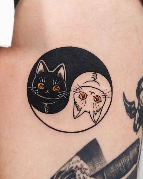 61 Balanced Yin Yang Tattoos With Meaning - Our Mindful Life Cat Dog Tattoo, Cat And Dog Tattoo, Wrist Tattoo Cover Up, Cats Tattoo, Ying Yang Tattoo, Cute Cat Tattoo, Yin Yang Tattoos, Cat Tattoos, Cat Tattoo Designs