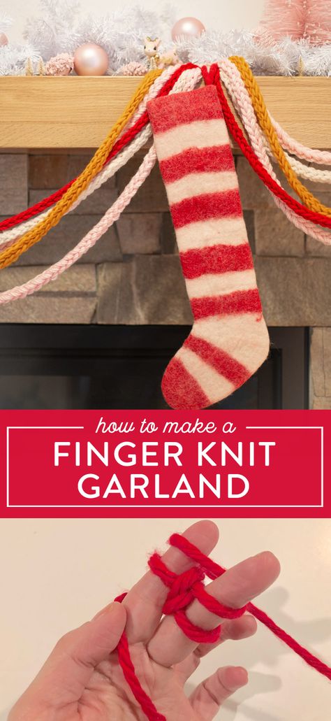 How to finger knit a garland! Finger knitting with yarn is simple and comes together quickly for a fun DIY project. I love this idea for a holiday craft project. Perfect for lining your Christmas mantel or decking the halls. Click for the tutorial. How To Finger Knit, Finger Knit, Holiday Garland, Diy Christmas Garland, Christmas Yarn, Garland Diy, Christmas Wreaths Diy Easy, Snowman Christmas Decorations, Diy Christmas Wreaths