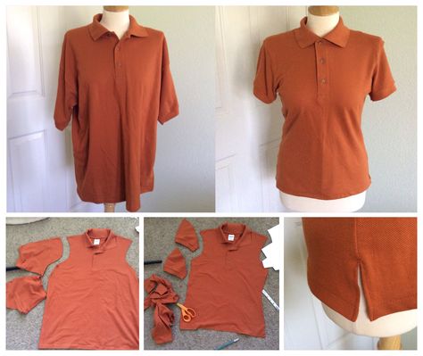 DIY polo shirt re-size Polo Shirt Refashion, Tshirt Styling, Diy Clothes No Sewing For Teens, Diy Clothes Organiser, Shirt Alterations, Diy Clothes Storage, Sewing Knits, Cut Up T Shirt, Shirt Makeover