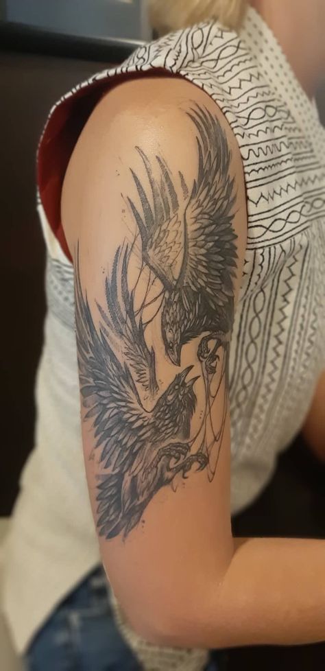 Odens Raven Tattoo, Raven Phoenix Tattoo, Raven Tattoo Upper Arm, Viking Arm Tattoos For Women, Raven Forearm Tattoo For Women, Odin Ravens Tattoo, Raven Arm Tattoo Women, 2 Ravens Tattoo, Raven Tattoo Thigh