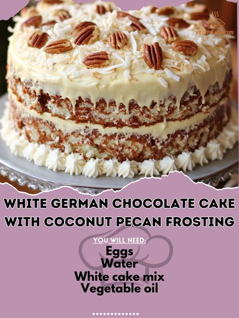 White German Chocolate Cake Recipe, White German Chocolate Cake, Chocolate Cake With Coconut, Chocolate Cake Mix Recipes, German Chocolate Cake Recipe, Pecan Frosting, Cake With Coconut, Coconut Pecan Frosting, Banana Dessert Recipes