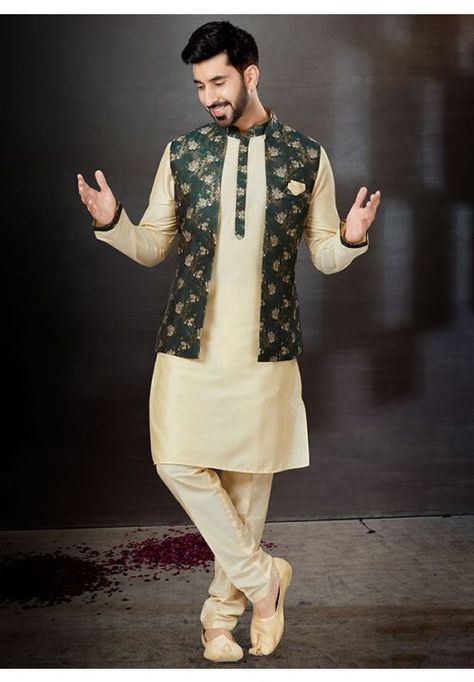 Beige Silk Dupion Kurta Pyjama Set with Jacket Kurta Pyjama With Jacket, Raw Silk Lehenga, Men's Kurta, Kurta Pyjama, Beige Silk, Ghagra Choli, Dupion Silk, Readymade Blouse, Silk Lehenga