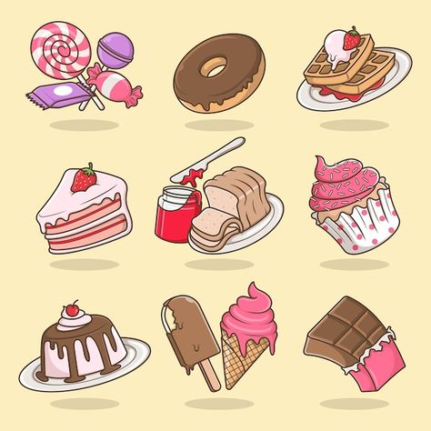 Conjunto de comida dulce de ilustración ... | Premium Vector #Freepik #vector #dulces #comida-dulce #alimentos-dulces #chocolate Premium Vector, Mariana