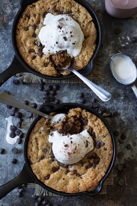 Paleo Chocolate Chip Skillet Cookies | The Paleo Running Momma Almond Flour Chocolate Chip, Chocolate Chip Skillet Cookie, Skillet Cookies, Paleo Running Momma, Skillet Chocolate Chip Cookie, Paleo Recipes Dessert, Paleo Baking, Skillet Cookie, Coconut Ice