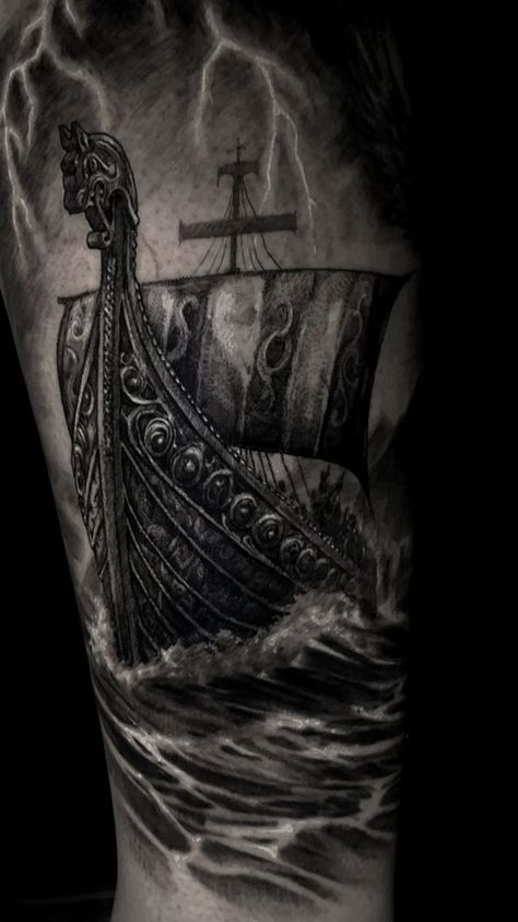 Viking Longboat Tattoo, Nordic Viking Tattoo Design, Viking Ship Tattoo Design, Viking Boat Tattoo, Viking Ship Tattoo, Black Dragon Tattoo, Viking Warrior Tattoos, Norse Mythology Tattoo, Boat Tattoo