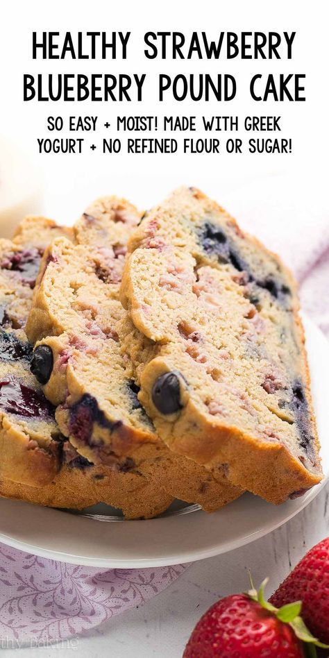 Healthy Strawberry Blueberry Pound Cake – SO moist & it doesn't taste healthy at all! Even with NO oil, refined flour or sugar! You NEED to try this recipe! ♡ healthy greek yogurt pound cake recipe. low calorie sugar free pound cake. homemade blueberry strawberry pound cake from scratch. Healthy Strawberry Cake, Honey Treats, Healthy Blueberry Cake, Buttermilk Banana Bread, Low Calorie Cake, Golo Recipes, Blueberry Pound Cake, Blueberry Banana Bread, Cake Calories