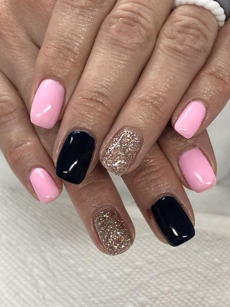 Pink And Navy Nail Designs, Pink Navy Nails, Champagne Gel Nails, Pink And Navy Nails, Navy Nails Design, Navy Nails, Glittery Nails, Gel Mani, Gray Nails