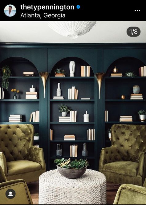 Sitting Room Ideas Bookshelves, Moody Office Bookshelves, Home Library Design Wall Shelves, Bookshelf With Bar, Small Living Room Dining Room Kitchen Combo Decorating Ideas, Art Deco Built In Bookcase, Victorian Built Ins, Built In With Arch, Black Arched Bookcase