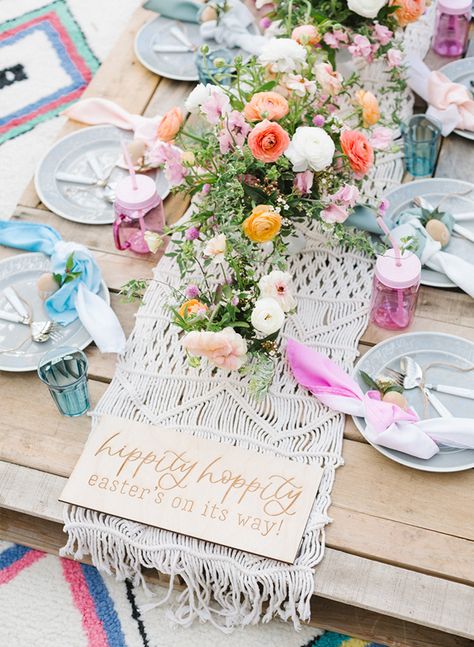 A Bright Boho Kids Easter Party - Inspired By This Table Decorations Boho, Ombre Tablecloth, Boho Easter, Kids Easter Party, Pink Napkins, Macrame Table Runner, Bright Boho, Boho Kids, Dip Dyed