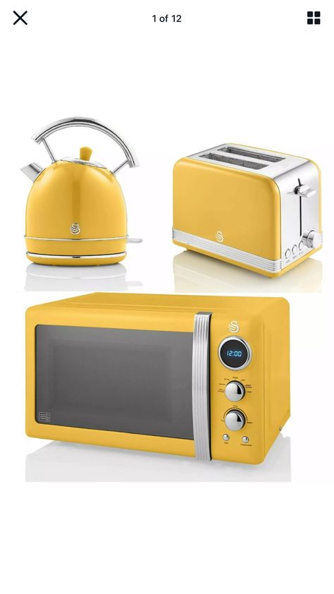 Yellow Kitchen Appliances, Retro Toaster Crate And Barrel, Cute Toaster Oven, Yellow Microwave, Retro Kettle And Toaster, Yellow Toaster, Kettle Toaster Microwave Set, Black Ovens, 80s Kitchen