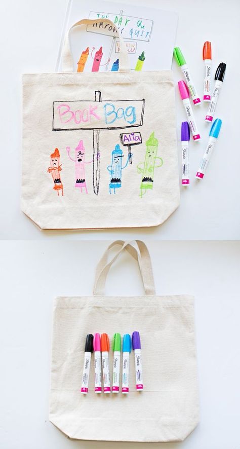 DIY Library Book Bag for Kids. Get kids excited about reading by making their own book bag based off their favorite children's book covers and illustrations. Fun way to get them excited about summer reading. Book Bag Diy, Book Stencil, Diy Library, Book Themed Birthday Party, Book Bags For Kids, Grandma Diy, Children Library, Library Book Bag, Book Birthday Parties