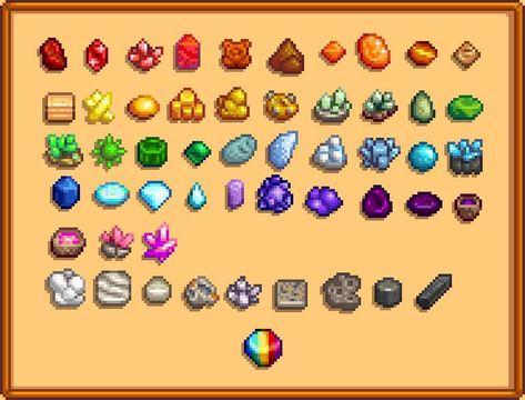 Stardew Valley Gemstones, Stardew Rainbow Museum, Stardew Valley Rainbow Museum, Stardew Valley Color Coded Museum, Stardew Valley Gems, Stardew Museum Layout Rainbow, Sdv Museum Layout, Museum Stardew Valley, Stardew Valley Museum Layout Rainbow