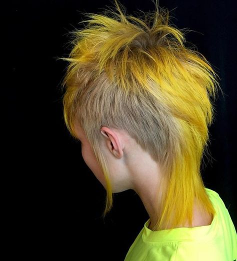 Wolfhawk Hair, White Hair Undercut, Yellow Mullet, Short Deathhawk, Short Punk Hair, Rocker Hair, Dyed Hair Inspiration, Mohawks, Punk Hair