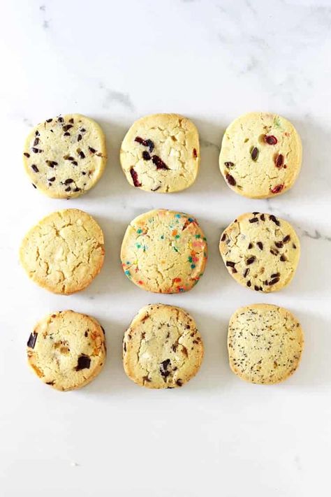 Slice and Bake Cookies (9 flavour ideas) Slice And Bake Cookies, Freezer Cookies, Easy Slice, Icebox Cookies, Frozen Cookies, Baking Recipes Cookies, Bake Cookies, School Lunches, Biscuit Cookies