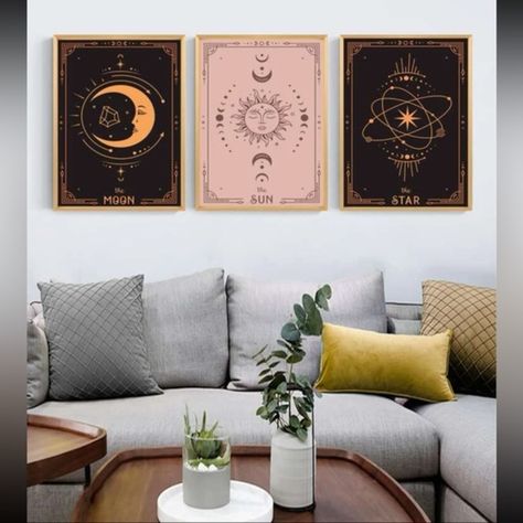 3 Piece Bohemian Sun Moon Star Pattern Unframed Wall Prints Beautiful Matching 3 Pc Set Sun Moon Star Prints Boho Home Decor Canvas Prints Star Sign Art, 3 Piece Painting, Decoration For Home, Gold Picture Frames, Painting Wall Art, Star Pattern, Moon Star, Cat Wall, Painting Wall