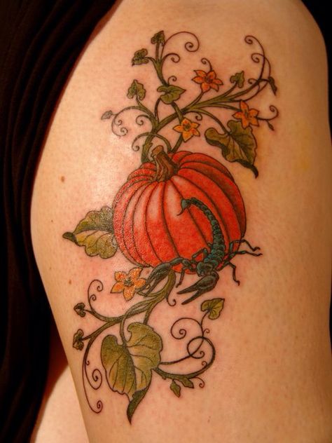 Cinderella's Pumpkin tattoo for my hip, replace the scorpion on here with a glass slipper Cute Halloween Drawings, Vine Tattoo, Pumpkin Tattoo, Pumpkin Vine, Autumn Tattoo, Muster Tattoos, Scorpion Tattoo, Inspiration Tattoo, Vine Tattoos