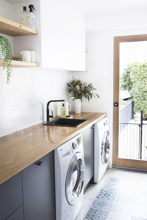 Timber Shelving, Timber Benchtop, Utility Room Designs, Laundry Makeover, Coast Photography, Laundry Room Renovation, Laundry Design, Farmhouse Laundry Room, Modern Laundry Rooms