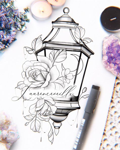 Feminin Tattoos, Famous Drawings, Lantern Tattoo Design, Lantern Tattoo, Bookish Tattoos, Light Tattoo, Halloween Acrylic Nails, Meaningful Tattoos For Women, Floral Tattoo Design